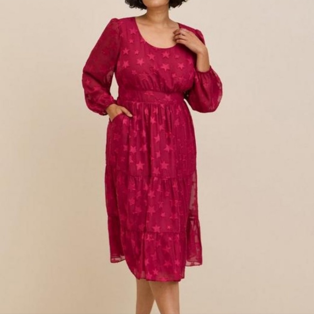 torrid dress Midi Clip Dot Chiffon Tiered Star Semi-sheer has Pockets NWOT size0